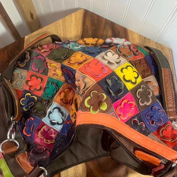 Leather Floret Patchwork Boho Slouch Handbag - Picture 6 of 7